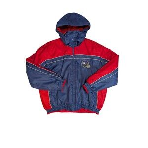Vintage New York Giants Hooded Bomber Jacket XL Blue Red Quilted Lining